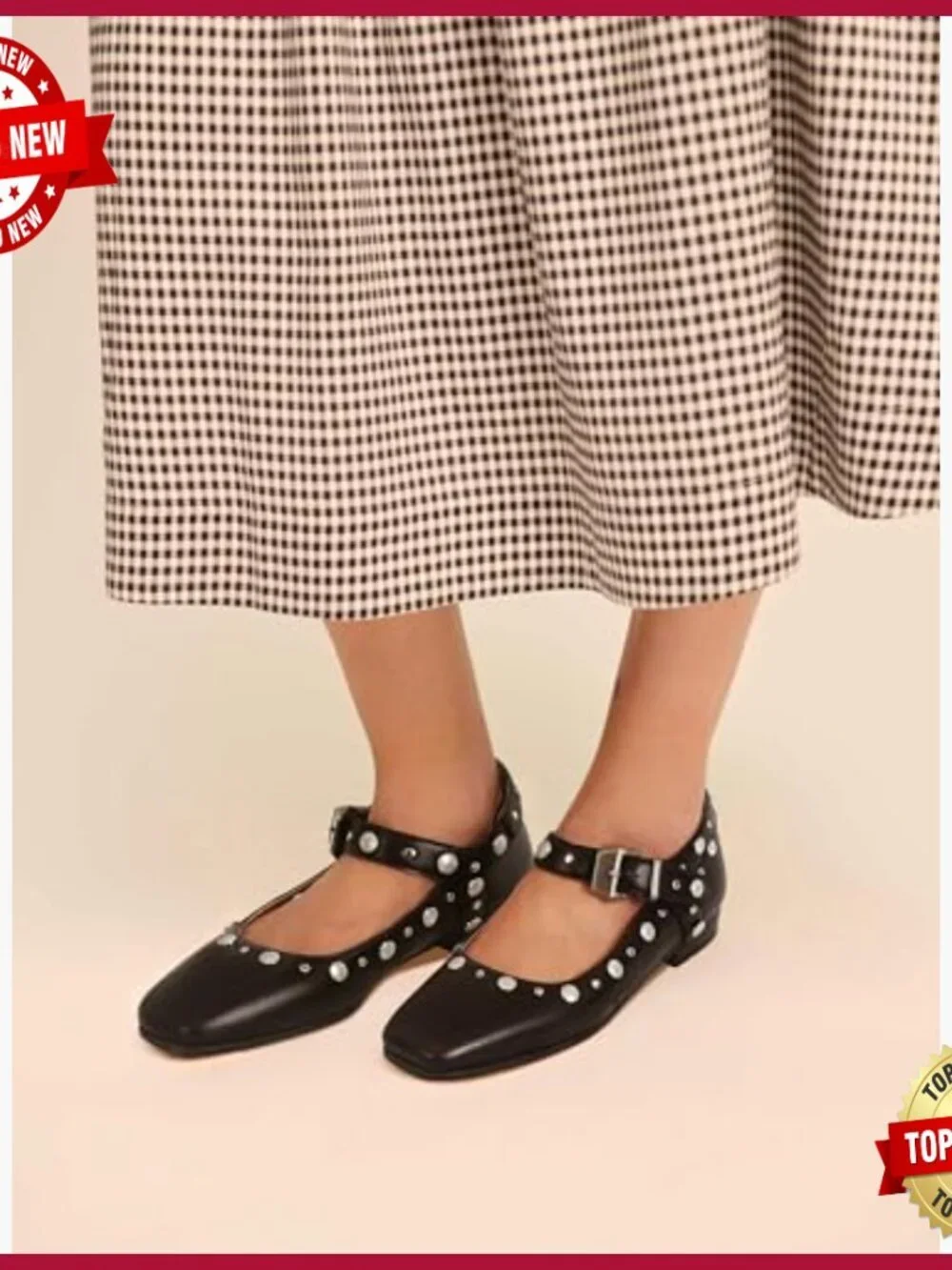 Studded Mary Jane Ballet Flats with Buckle Strap, Square Toe, Faux Leather